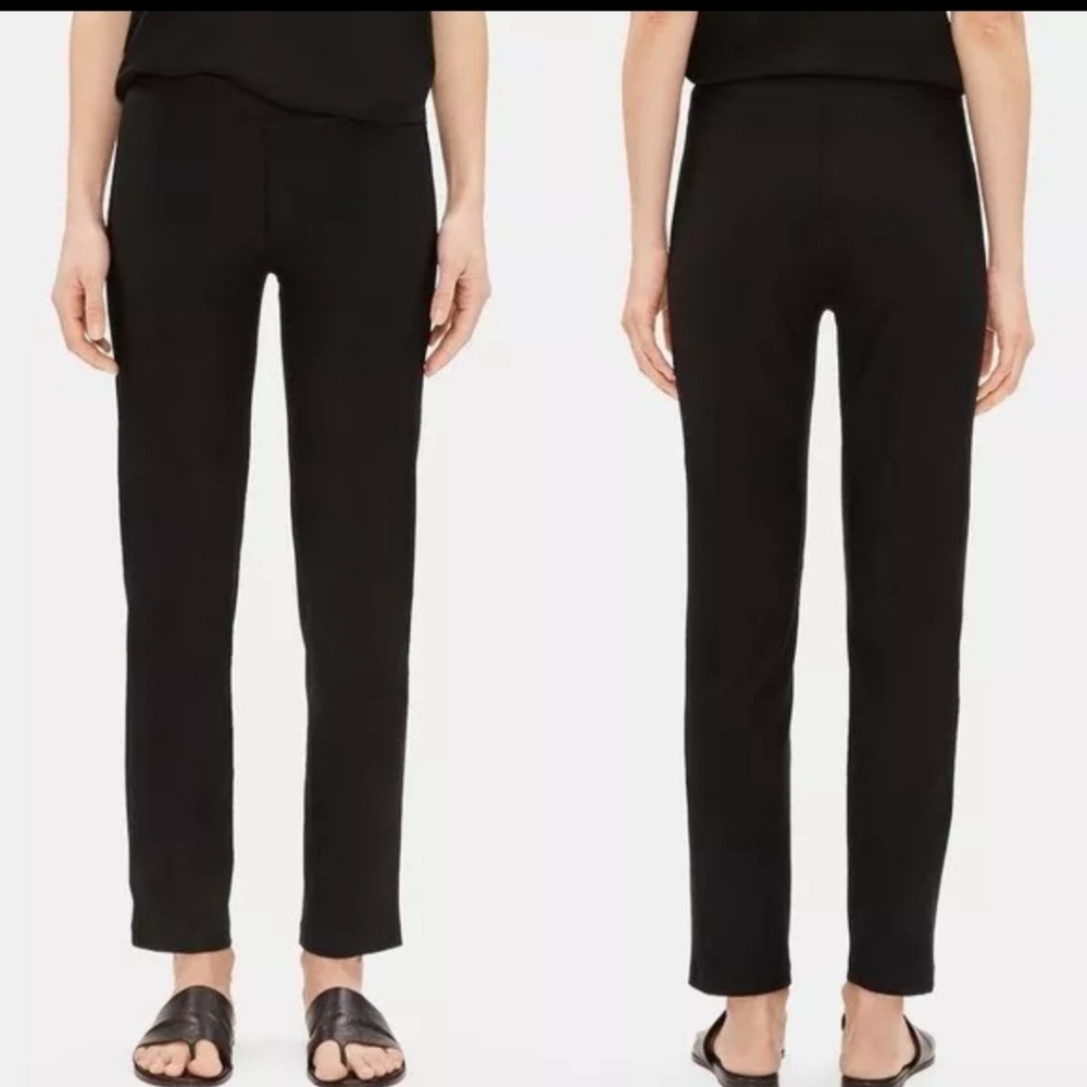 Eileen Fisher Stretch Crepe Straight Office Pull On Pants Black Petite Medium